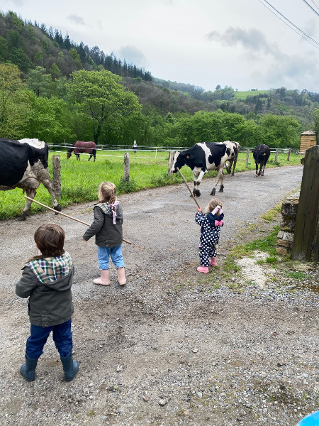 Niños jugando en el río en casa rural en Asturias